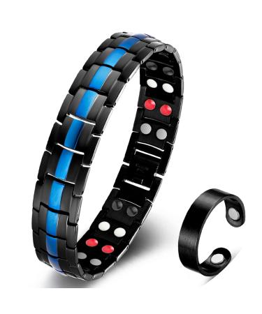 Vicmag Men Magnetic Bracelets Titanium Steel Magnet Bracelet Ultra Strength Double Row 3500 Gauss Wristband Brazaletes with Adjustment Tool & Jewelry Gift Box (Blue 4 Elements)