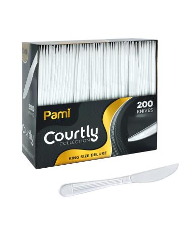 PAMI Heavy Weight Disposable Plastic Knives 200-Pack - Bulk King Size Deluxe White Plastic Silverware For Parties, Weddings, Catering Food Stands, Takeaway- Heavy-Duty Single-Use Partyware Knives