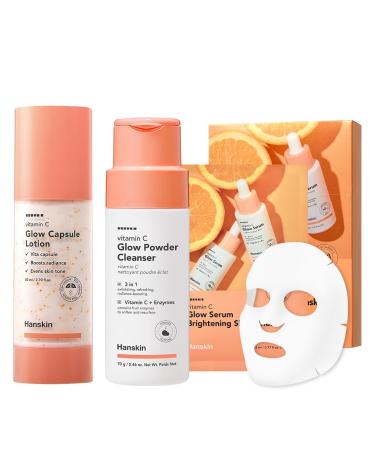 Hanskin Vitamin C Glow Trio Vitamin C Powder Cleanser Glow Capsule Lotion & Sheet Mask | 3-Step Korean Skincare Set for Radiant Revitalized & Healthy-Looking Skin | Hydration K-Beauty Gift