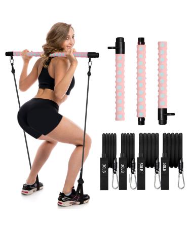 Adjustable Pilates Bar kit with 4 Resistance Bands, Portable Pilates Bar Stick for Home Workout, Adjustable Pilate Bar for Gym Fitness Pink