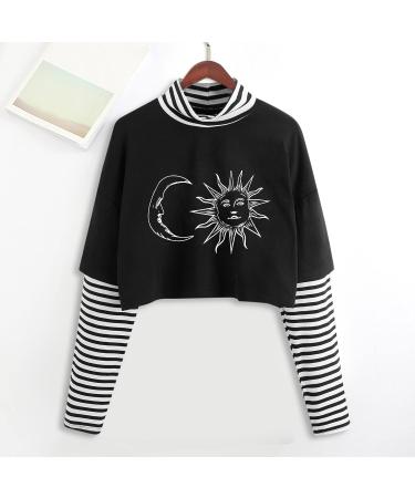 Women's Color Block Sun Moon Print Striped Crop Top - Long Sleeve Casual Blouse (Black, M) - Buy Online on GoSupps.com
