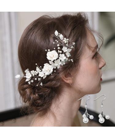 Flower Bride Headband Pearl Rhinestones Headpiece Leaf Crystal Hair Vine Silver Hair Band Wedding Headdress Bridesmaid Hair Accessories for Women Gift Evening Prom Party (silver)