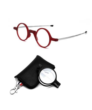 2 Pack Portable Folding Round Frame Reading Glasses for Men Women Anti Blue Light Reader with Keychain Bag Compact(Grandeur:2.0x)