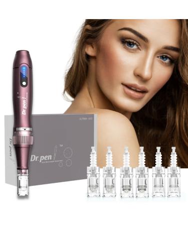 Dr. Pen Ultima A10 - Authentic Multi-Function Wireless Derma Beauty Pen - Trusty Skin Care Tool Kit for Fast Results - 0.25mm 12pins  2 + 36pins  2 + Round Nano x2
