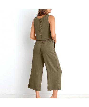 Women's Summer Two Piece Set - Sleeveless Crop Top and Capri Pants in Khaki - Size Medium - Buy Online on GoSupps.com