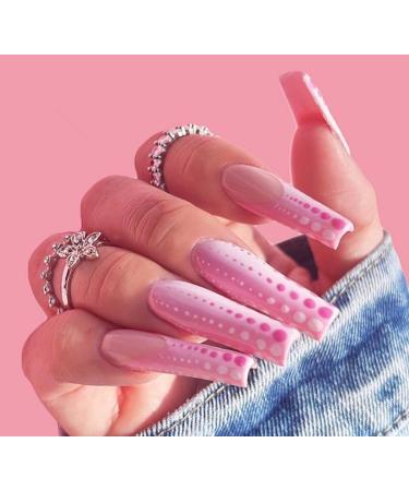 Vatocu coffin shiny artificial nails long pink French artificial nails wave point for sticking acrylic for women and girls (24 pieces)