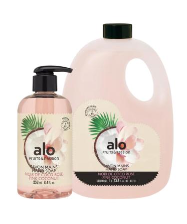ALO FRUITS & PASSION Pink Coconut Hand Soap Set 8.4 fl oz Bottle and 33.8 fl oz Refill Made in Canada