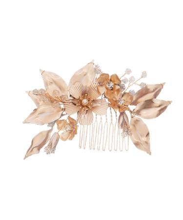Angoily Golden Flower Hair Comb Bridal Headpiece Crystal Bridal Hair Clips Hair Accessory for Women Combs for Women Crystal Bridal Hair Barrette Tiara Veil Bride European and American