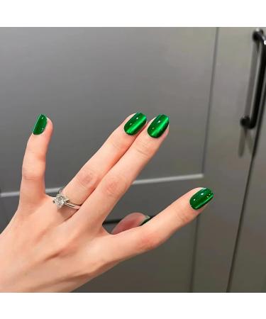 24Pcs Jade Green Cat Eye Press on Nails - Short Square Glossy Glitter Full Cover Fake Nails for Women & Girls - Gradient Acrylic Nails for Spring/Summer - Buy Online on GoSupps.com