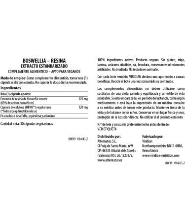 Viridian Boswellia Resin 30 Veg Capsules - Natural Joint Support Supplement - Buy Online on GoSupps.com