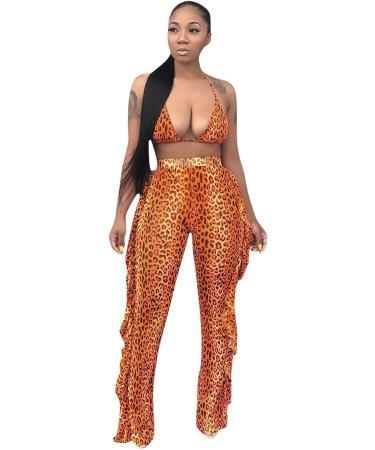 Women's 2-Piece Sweatpants Suit Set | Ruffle Crop Top & Long Pants Jumpsuit Outfit | Orange, Medium - Buy Online on GoSupps.com