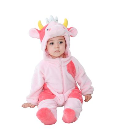 Doladola Baby's Hooded Onesies Cartoon Animal Romper Baby Loungewear Newborn Outfits Jumpsuit 6-12 Months Pink Cow