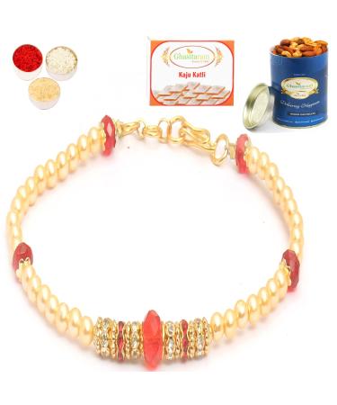 Ghasitaram Gifts Rakhi for Brother Rakhis Online Red Pearl Bracelet Rakhi with 100 GMS of Dryfruits Mix Can 200 GMS of Kaju katli Rakhi & 100g Dryfruits Mix Can 200g Kaju katli