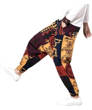 Pejihota Men's Loose Hip-Hop Harem Pants - Linen Bohemian Aladdin Yoga Pants with Pockets | Retro Print & Deep Step Style - Buy Online on GoSupps.com