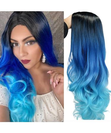 HANNE Long Hair Body Wave Ombre Bluish Teal Blue Wig | 3 Tone Colors | Heat Resistant Synthetic Hair | Navy Blue Wig for Black and White Women - Buy Online on GoSupps.com