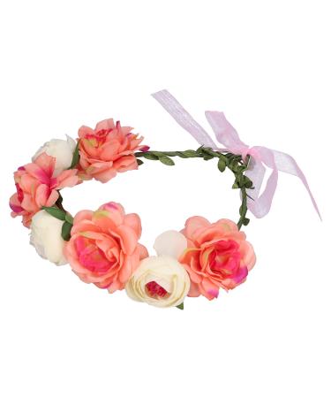 Floral Crown Wedding Bride Boho Flower Wreath Headband Garland Crown Floral Headpiece Halo with Adjustable Ribbon for Festival Party Headpiece(Coral Beige)