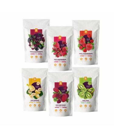 Freeze -Dried Fruit & Veggie Pet Treats Variety Pack | Natural Snacks for Dogs & Cats | Strawberries Blackberries Raspberries Bananas Kiwi Beetroot | 6-Pack Bundle