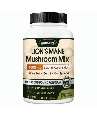 ZEBORA Lions Mane Supplement Capsules - Mushroom Supplement with Lions Mane, Cordyceps, Reishi, Turkey Tail, Shiitake - Lion's Mane Mushroom for Memory, Focus & Immune Support - 120 Vegan Capsules 120 Count (Pack of 1)