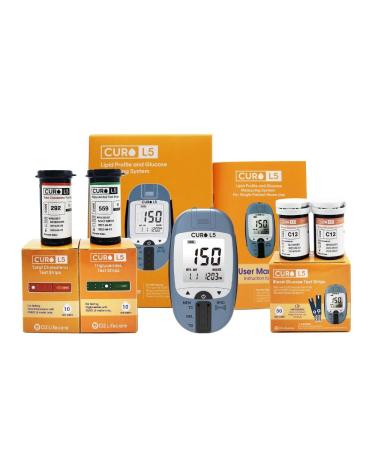 All in One CURO Home Blood Cholesterol Test Kit (L5 Device + 10 Total Cholesterol Strips + 10 Triglycerides Strips + 50 Glucose Strips Included)