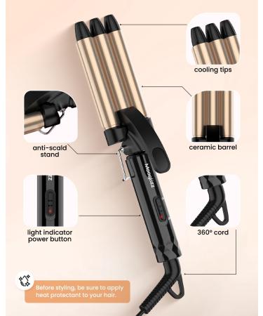 Mini Hair Crimper - 1/2 Inch Beach Waves for Short Hair | Small 3 Barrel Curling Iron for Travel | Ceramic Dual Voltage Hair Waver - Lightweight & Gold - Buy Online on GoSupps.com