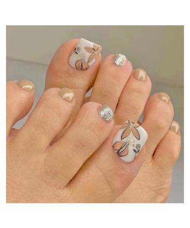 Press On Nails 24P Fake Toenails With Glue French Line Glitter False Toe Nails Art Detachable Press On Toenails Acrylic Butterfly ToeNails Tips False Nails(Color1)