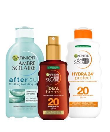 Garnier Garnier Ambre Solaire Ideal Bronze Tanning Body Oil 150ml After Sun Moisturizer with Aloe Vera 200ml and Protective Body Lotion SPF 20 200ml