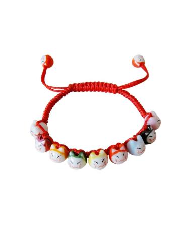 smart sisi Handmade 9 Lucky Cat Fortune Cat Bracelet Charm Ceramic Beads Bracelets Adjustable Red