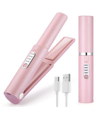 JMFONE Cordless Hair Straightener Mini Cordless Flat Iron and Curler 2 in 1 USB-C Rechargeable 5000mAh Battery Portable Ceramic Plate Fast Heat & 3 Adjustable Temp Travel Size for Women Girl Pink+silvery
