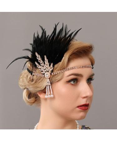 1920s Flapper Feather Headband - Gatsby Pearl Rhinestone Hair Accessory - Buy Online on GoSupps.com