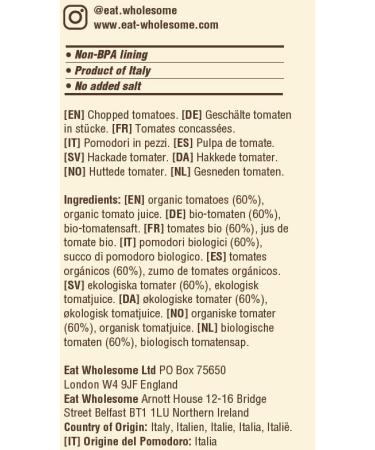 Buy Eat Wholesome Organic Peeled Tomato Pieces - 400g (Pack of 12) | Premium Chopped Tomatoes for Cooking | International Shipping Available - Buy Online on GoSupps.com