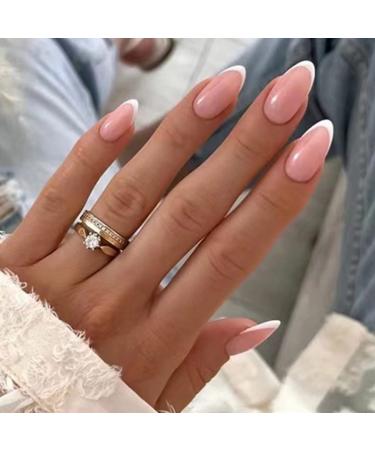 Justotry 24 pieces almond nails to stick on short white French press on nails pink oval artificial nail fake nails acrylic fingernails artificial nails for women white & almond3