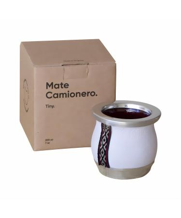 thebmate Premium Yerba Mate Cup (Mate Gourd) - Crafted Ceramic Teacup - Brown Leather Wrapped Handmade in Uruguay - Mate Tiny - Camionero Style (White)