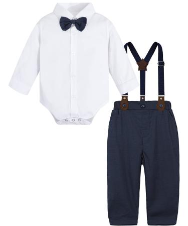 mintgreen Baby Boy Suit Wedding Outfit Bodysuit Gentleman Clothing Set Suspender Trousers + Shirt + Bow Tie 3-6 Months White Blue