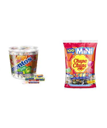 Mentos Mini Fruit Mix Bucket & Chupa Chupa Mini Classic lollipops contains 100 mini-lollipops in the 5 flavors cola orange strawberry apple & cherry 100 x 6g fruit mix bundle with mini classic lollipop
