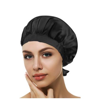 100% Mulberry Silk Bonnet, Natural 19 Momme Silk Night Cap Hair Bonnet Sleeping Silk Sleep Hat for Women Hair Care Black