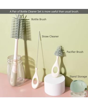Bebamour 3-in-1 Stand Baby Bottle Brushes Set - Soft Teat Brush & Straw Cleaner - Pink - Buy Online on GoSupps.com