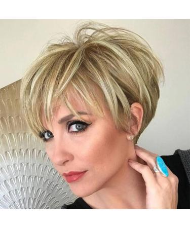 PHOCAS Pixie Cut Wigs Short Stylish Fluffy Layer Wig None Lace Replacement Wig with Bangs for Women Brown Mix Blonde Wig Short A-Brown Mix Blonde Lowlight with Root stretch