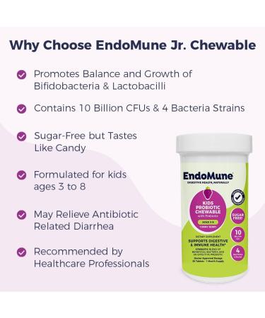 Endomune Jr Advanced Kids Probiotic and Prebiotic Chewables -10 Billion CFUs - 4 Strains Bacteria and FOS Prebiotic - Physician Formulated - 30 Chewable Tablets - Buy Online on GoSupps.com