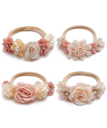 Lichuanuk 4 pieces baby girls flower stir straps with stain band elastic nylon hair band Newborn headband baby hair accessories for party wedding family photo 4Pcs pink - Buy Online on GoSupps.com