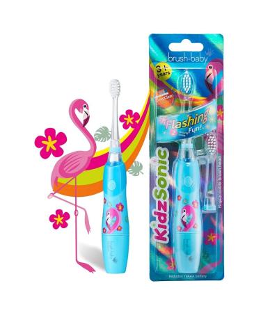 Brush Baby KidzSonic Toddler and Kid Electric Toothbrush for Ages 3+ Years - Disco Lights Gentle Vibration and Smart Timer Provide a Fun Brushing Experience - Flamingo