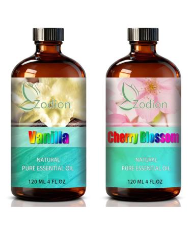 Cherry Blossom Essential Oil 4 Fl Oz and Vanilla Essential Oil 4 Fl Oz - Cherry Blossom & Vanilla Oil for Diffuser Aromatherapy Home Fragrance Skin & Hair Care DIY Candle & Soap Making Yoga