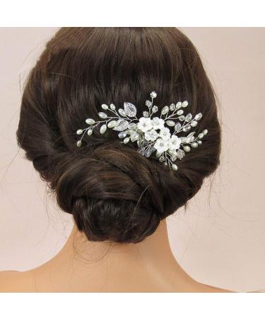 Unicra Flower Bride Wedding Hair Comb - Silver Leaf Bridal Headpiece with Pearl and Crystal Accents for Women and Girls - Buy Online on GoSupps.com