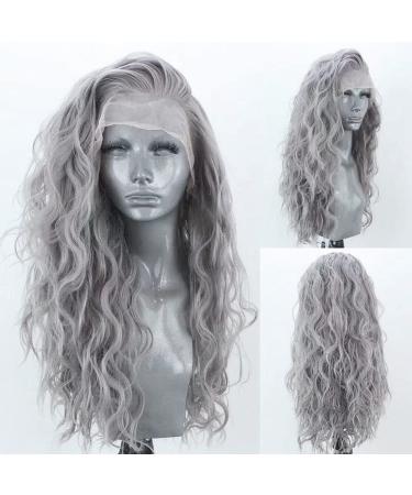 RONGDUOYI Silver Grey Long Curly Synthetic Lace Front Wigs for Women Free Part Pre Plucked Natural Hairline Lace Front Synthetic Cosplay Wigs Glueless Daily Wear Costume Wig 24 Inches 24 Inch Silver Grey