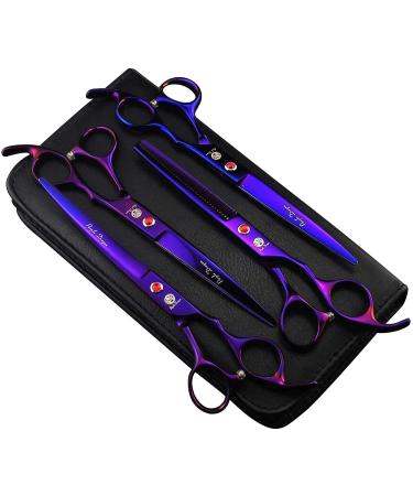 Purple Dragon Professional 7.0 inch 4PCS Pet Grooming Scissors Kit Japan Premium Steel Straight & Curved & Thinning Blade Dog Hair Cutting Shears Set with Case Electroplating Purple