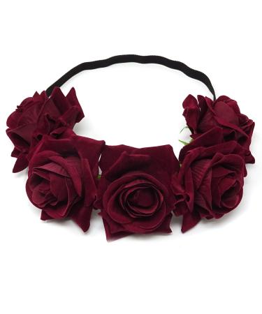 HONBAY 7cm/2.76inch Rose Flower Crown Elastic Headband Hair Band Festival Hair Garland Wedding Headpieces (Red Wine)