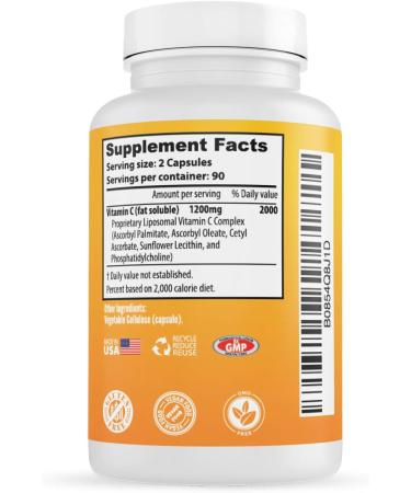 Whole Nature Liposomal Vitamin C Supplement Pills 1200 mg - High Absorption 180 Vegan Capsules Fat Soluble VIT C Maximum Strength Immune System and Collagen Booster Sunflower Lecithin - Buy Online on GoSupps.com