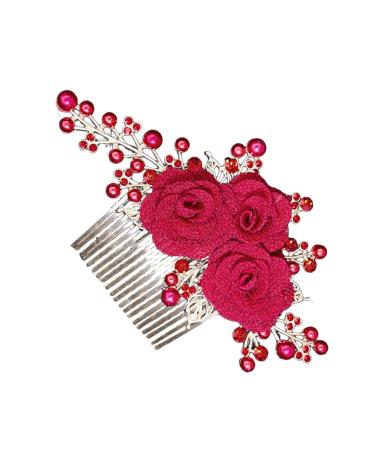 Beatifufu Rose Hair Comb Rose Head Decor Hair Jewelry Comb Wedding Hair Side Comb Wedding Hair Accessories for Brides Bridesmaid Hair Comb Female Insert Comb Wedding Hair Comb Cloth Red