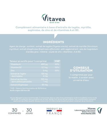 Vitavea Well-being - Vision Food Supplement - Comfort Eye Health Eye Fatigue - Lutein Bilberry Vitamin A - Buy Online on GoSupps.com