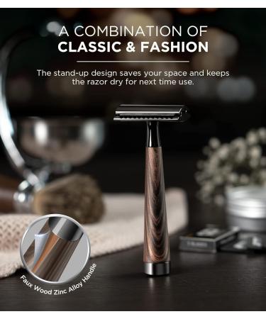 Double Edge Safety Razor with Faux Wood Zinc Alloy Handle and Swiss Stainless Steel Blades - Eco-Friendly Shaving Gift, Dark Brown Wood - Buy Online on GoSupps.com