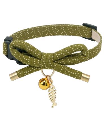 PetSoKoo Cute Bowtie Cat Collar with Bell. Japanese Stylish Bowknot & Fish Charm. Safety Breakaway, Soft, Lightweight, for Girl Boy Male Female Cats Kitten Small (6-9.5 Inches,16-24cm) Tea Green
